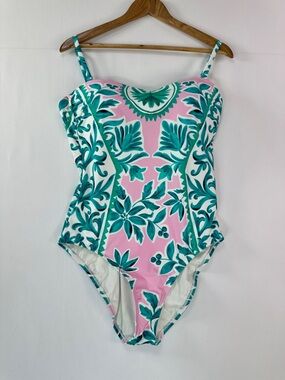 La Blanca Floral Bandeau One Piece Swimsuit Size 16 NWT Pink Green Convertible